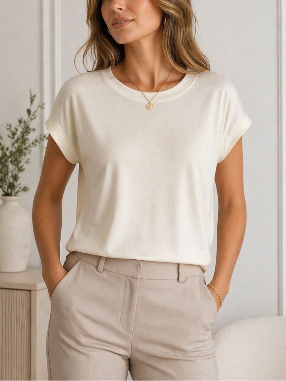 Marc Aurel Ivory Cream Modal Blend Short Sleeve Top Rhinestone Logo Detail S